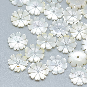 Natural White Shell Beads, Mother of Pearl Shell Beads, Flower, Seashell Color, 10x2mm, Hole: 1mm