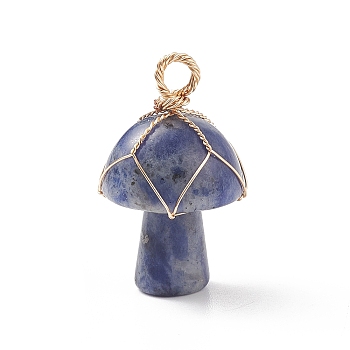 Natural Sodalite Pendants, Mushroom Charm, with Light Gold Tone Eco-Friendly Copper Wire Wrapped, 27.5x16mm, Hole: 3mm