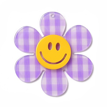 Tartan Pattern Acrylic Big Pendants, Flower with Smiling Face, Lilac, 55x50x4.5mm, Hole: 1.8mm