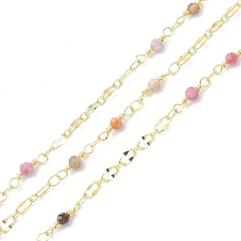 Brass & Natural Tourmaline Handmade Beaded Chain, with Spool, Long-Lasting Plated, Soldered, 9.5x3.5mm, about 10.93 yards(10m)/roll