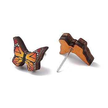 Natural Wood Stud Earrings, 316 Stainless Steel Jewelry for Women, Butterfly Pattern, 11x14.5mm, Pin: 0.6mm