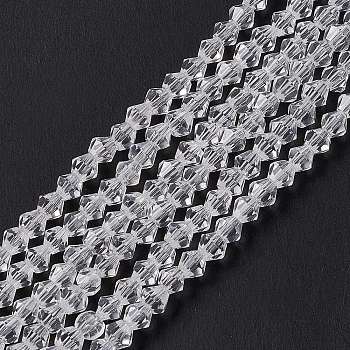 Imitation Austrian Crystal 5301 Bicone Beads, Faceted Glass Beads Strands, Clear, 3x3~3.5mm, Hole: 0.5mm, about 125~130pcs/strand, 15.5 inch
