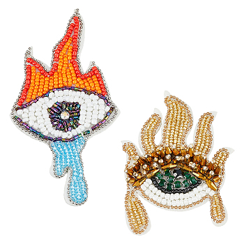 SUPERFINDINGS 2Pcs 2 Style Fire & Eye & Teardrop Plastic & Rhinestone Beading Appliques, Sew on Non-woven Fabric Patches, Mixed Color, 81~105x58~60x5~11mm, 1pc/style