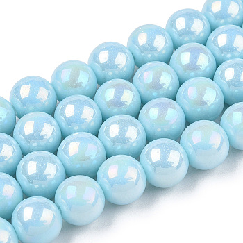Electroplate Opaque Glass Beads Strands, AB Color Plated, Round, Light Blue, 9.5~10mm, Hole: 1.5mm, about 40~42pcs/strand, 14.76~15.12 inch(37.5~38.4cm)