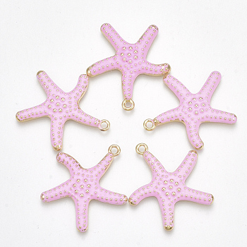 Spray Painted Alloy Pendants, Starfish/Sea Stars, Light Gold, Pink, 29x27x3mm, Hole: 2mm
