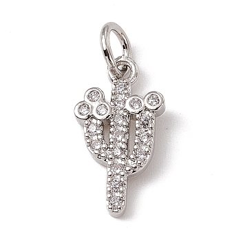 Brass Micro Pave Cubic Zirconia Charms, with Jump Rings, Cactus Charms, Platinum, 14.5x8x1.5mm, Hole: 3.4mm