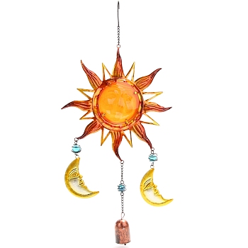 Glass & Iron Pendant Decorations, Wind Chimes, for Home Decoration, Sun & Moon, Dark Orange, 485x230mm