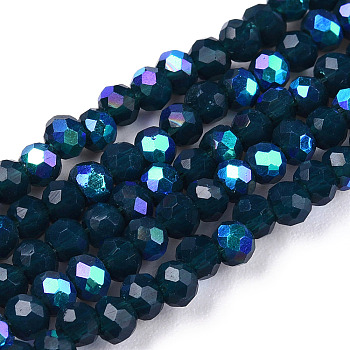 Electroplate Opaque Solid Color Glass Beads Strands, Half Rainbow Plated, Faceted, Rondelle, Prussian Blue, 2.5x1.5mm, Hole: 0.4mm, about 195pcs/strand, 11 inch(27.5cm)