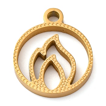 304 Stainless Steel Pendants, Hollow Flat Round with Fire Charm, Ion Plating(IP), Golden, 19x15.5x2mm, Hole: 2mm