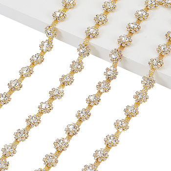 2Yards Alloy Glass Rhinestone Cup Chains, with Card Paper, Flower, Golden, 11x5.5mm