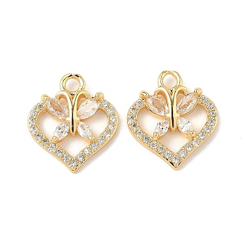 Brass Micro Pave Cubic Zirconia Pendants, Heart with Butterfly Charms, Real 18K Gold Plated, 13x12x2mm, Hole: 1.6mm