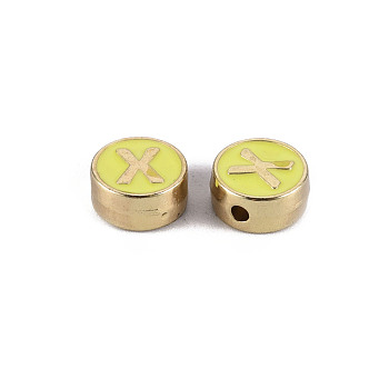 Alloy Enamel Beads, Cadmium Free & Nickel Free & Lead Free, Flat Round with Initial Letters, Light Gold, Yellow, Light Gold, 8x4mm, Hole: 1.5mm