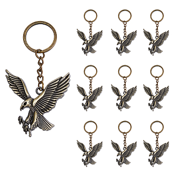 10Pcs Eagle Alloy Keychain, with Iron Chain and Rings, Antique Bronze, 98mm