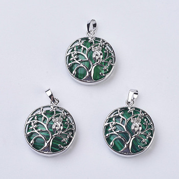 Malachite Pendants, with Brass Findings, Flat Round with Tree of Life, Platinum, 31~32x27x8~9mm, Hole: 5x7mm