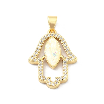 Brass Micro Pave Clear Cubic Zirconia Pendants, with Sythetic Opal, Hamsa Hand/Hand of Fatima/Hand of Miriam, Real 18K Gold Plated, 23.5x17.5x3.5mm, Hole: 4x3.5mm