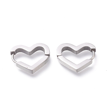 304 Stainless Steel Huggie Hoop Earrings, Heart, Stainless Steel Color, 15x15.5x3mm, Pin: 1mm