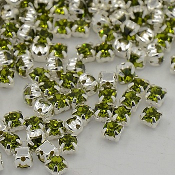 Sew on Rhinestone, Grade A Glass Rhinestone, with Brass Prong Settings, Garments Accessories, Silver Color Plated Metal Color, Olivine, 3~3.2x3~3.2mm, Hole: 1mm, about 1440pcs/bag