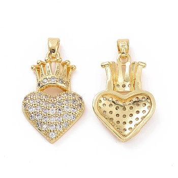 Brass Micro Pave Cubic Zirconia Pendants, Heart with Crown Charms, Golden, 24x15x4mm, Hole: 4x2.5mm