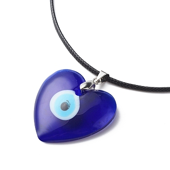Blue Lampwork Evil Eye Pendant Necklace with Waxed Cord for Women, Heart Pattern, Pendant: 40x35x7mm, 17.64~17.72 inch(44.8~45cm)