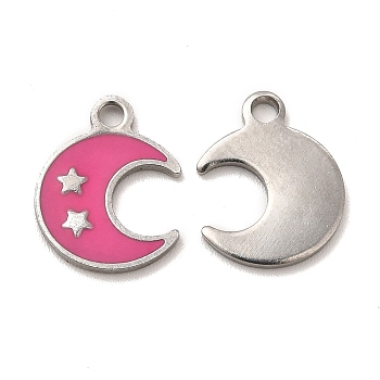 304 Stainless Steel Enamel Pendants, Moon with Star Charm, Stainless Steel Color, 12.5x10x1mm, Hole: 1.6mm