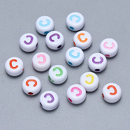Craft Acrylic Horizontal Hole Letter Beads, Flat Round, Mixed Color, Letter.C, 7x3.5~4mm, Hole: 1.5mm, about 3600pcs/500g(SACR-S201-11C)