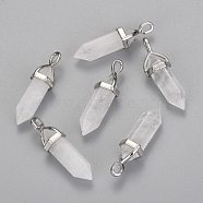 Natural Quartz Crystal Double Terminated Pointed Pendants, Rock Crystal, with Alloy Findings, Bullet, Platinum, 36~45x12mm, Hole: 3x5mm, Gemstone: 10mm in diameter(G-F295-04G)
