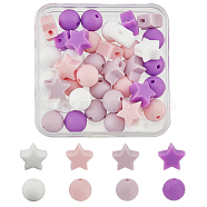 PandaHall Elite 40Pcs 8 Style Food Grade Eco-Friendly Silicone Beads, Chewing Beads For Teethers, DIY Nursing Necklaces Making, Round & Star, Mixed Color, 12~14x12~13.5x8~12mm, Hole: 2mm, 40pcs/box(SIL-PH0001-06A)