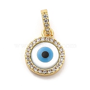 Brass Micro Pave Cubic Zirconia Charms, with Cellulose Acetate(Resin) Evil Eye, Golden, Flat Round, 14x11x3mm, Hole: 5.5x3.5mm(KK-C009-02C)