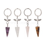Cone Natural Gemstone Keychains, with Alloy Wing Beads and 304 Stainless Steel Findings, 8.8cm(KEYC-JKC00468)