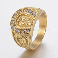 Ion Plating(IP) 304 Stainless Steel Rhinestone Finger Rings, Virgin Mary, Golden, Size 8~13,18~23mm(X-RJEW-H125-67G)