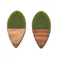 Opaque Resin & Walnut Wood Pendants, Teardrop Shape Charm, Olive, 38x18x3mm, Hole: 2mm(RESI-N025-031-B02)