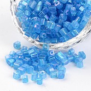 6/0 Cube Transparent Colours Rainbow Plated Round Hole Glass Seed Beads, Deep Sky Blue, 3.5~4x2.5~3mm, Hole: 0.5mm, about 5500pcs/450g(SEED-I003-F163)