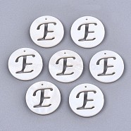 Natural Freshwater Shell Charms, Flat Round with Hollow Out Letter, Letter.E, 14.5x1.5mm, Hole: 0.9mm(SHEL-S276-119E)