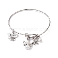 304 Stainless Steel Expandable Bangle, Lucky Angel Fairy Shell Pearl & Alloy Charms Bangle, Antique Silver, Inner Diameter: 2-1/8~2-1/4x2-1/2~2-1/2 inch(5.5~57x6.3~6.5cm)(BJEW-JB10007)