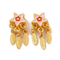 Alloy Pendants, with Enamel, Star and Feather, Matte Gold Color, Pink, 23mm, Hole: 3mm(ENAM-L039-06MG-02)