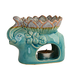 Elehphant with Lotus Porcelain Incense Holders Candle Holder, Home Office Teahouse Zen Buddhist Supplies, Dark Cyan, 35x135x110mm(ELEP-PW0001-71E)