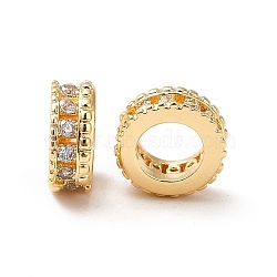 Brass Micro Pave Cubic Zirconia European Beads, Large Hole Beads, Real 18K Gold Plated, Flat Round, Clear, 9x4mm, Hole: 5.5mm(KK-M233-35G)