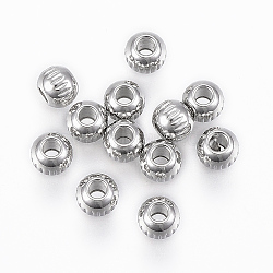 201 Stainless Steel Beads, Round with Vertical Stripes, Stainless Steel Color, 4x3mm, Hole: 1.2mm(X-STAS-G154-35-4mm)