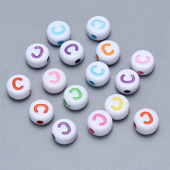 Craft Acrylic Horizontal Hole Letter Beads, Flat Round, Mixed Color, Letter.C, 7x3.5~4mm, Hole: 1.5mm, about 3600pcs/500g