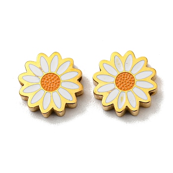 304 Stainless Steel Beads, with Enamel, Daisy, Real 14K Gold Plated, 9.5x2.5mm, Hole: 1.4mm