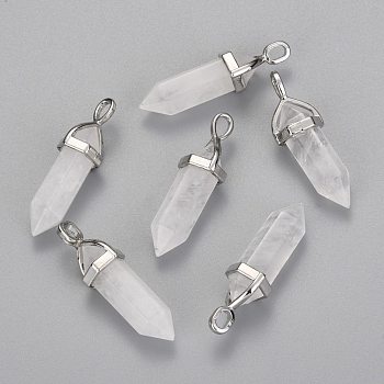 Natural Quartz Crystal Double Terminated Pointed Pendants, Rock Crystal, with Alloy Findings, Bullet, Platinum, 36~45x12mm, Hole: 3x5mm, Gemstone: 10mm in diameter