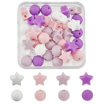 PandaHall Elite 40Pcs 8 Style Food Grade Eco-Friendly Silicone Beads, Chewing Beads For Teethers, DIY Nursing Necklaces Making, Round & Star, Mixed Color, 12~14x12~13.5x8~12mm, Hole: 2mm, 40pcs/box