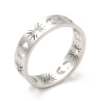 201 Stainless Steel Finger Rings for Women, Hollow Out Sun and Moon Ring, Stainless Steel Color, 5mm, Inner Diameter: US Size 7 1/4(17.5mm)