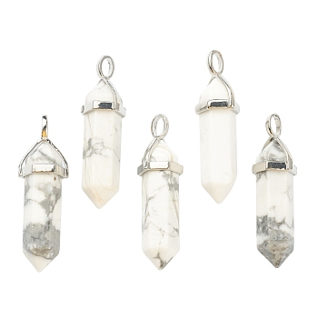 Natural Howlite Pendants, with Platinum Tone Brass Findings, Bullet, 39.5x12x11.5mm, Hole: 4.5x2.8mm
