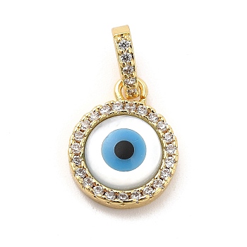 Brass Micro Pave Cubic Zirconia Charms, with Cellulose Acetate(Resin) Evil Eye, Golden, Flat Round, 14x11x3mm, Hole: 5.5x3.5mm