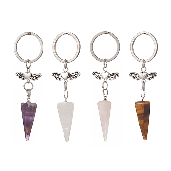Cone Natural Gemstone Keychains, with Alloy Wing Beads and 304 Stainless Steel Findings, 8.8cm