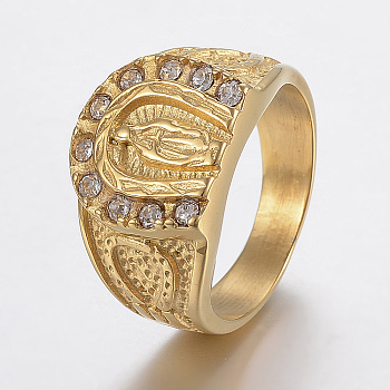 Ion Plating(IP) 304 Stainless Steel Rhinestone Finger Rings, Virgin Mary, Golden, Size 8~13,18~23mm