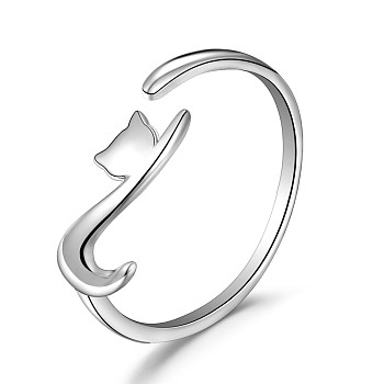 SHEGRACE Rhodium Plated 925 Sterling Silver Cuff Rings, Open Rings, Cat Shape, Platinum, Size 8, Inner Diameter: 18mm
