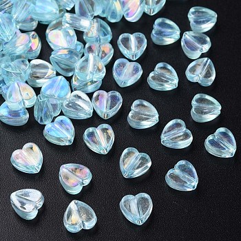 Transparent Acrylic Beads, AB Color Plated, Heart, Sky Blue, 7.5x8x3mm, Hole: 1.8mm, about 3620pcs/500g