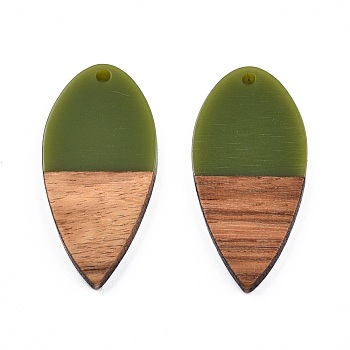 Opaque Resin & Walnut Wood Pendants, Teardrop Shape Charm, Olive, 38x18x3mm, Hole: 2mm
